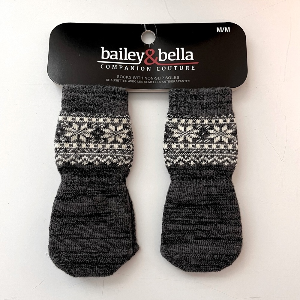 Pet Booties Nonslip Socks Size M Charcoal Black Grey White Snowflakes